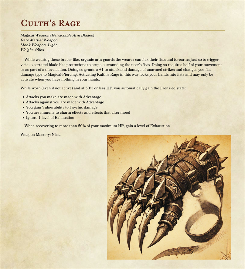 Auto-generated description: An ornate, spiked gauntlet with retractable arm blades is featured alongside a description detailing its magical properties and weapon mastery in an RPG context.