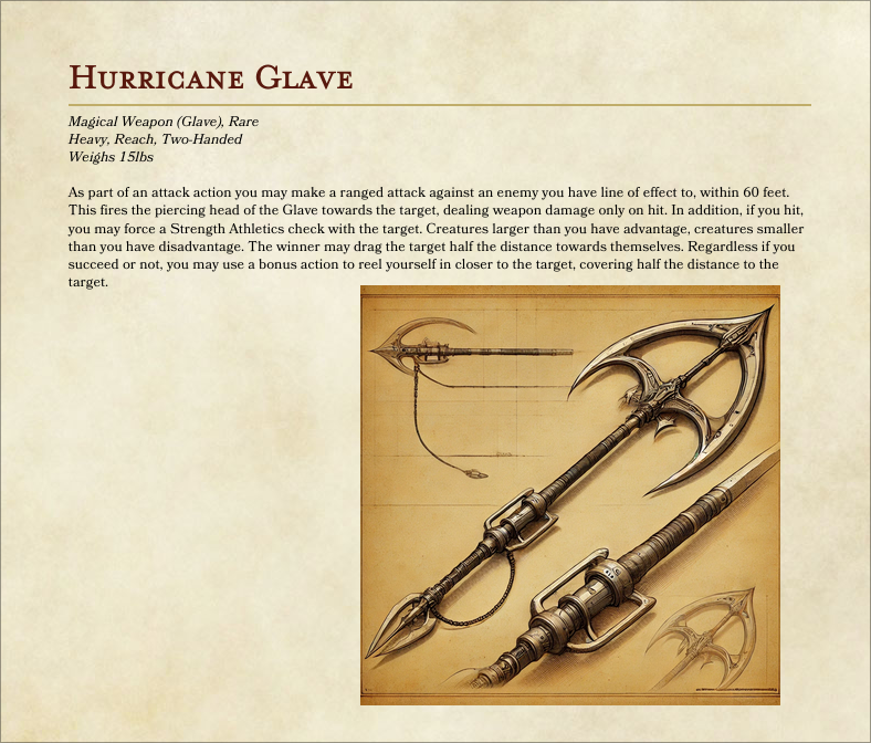 Auto-generated description: A detailed description of a magical weapon called the Hurricane Glave is accompanied by sketches showing its intricate design.