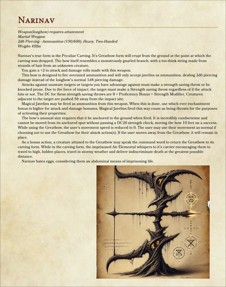Auto-generated description: A fantastical weapon design, resembling a stylized bow with intricate carvings and accompanying descriptive text.